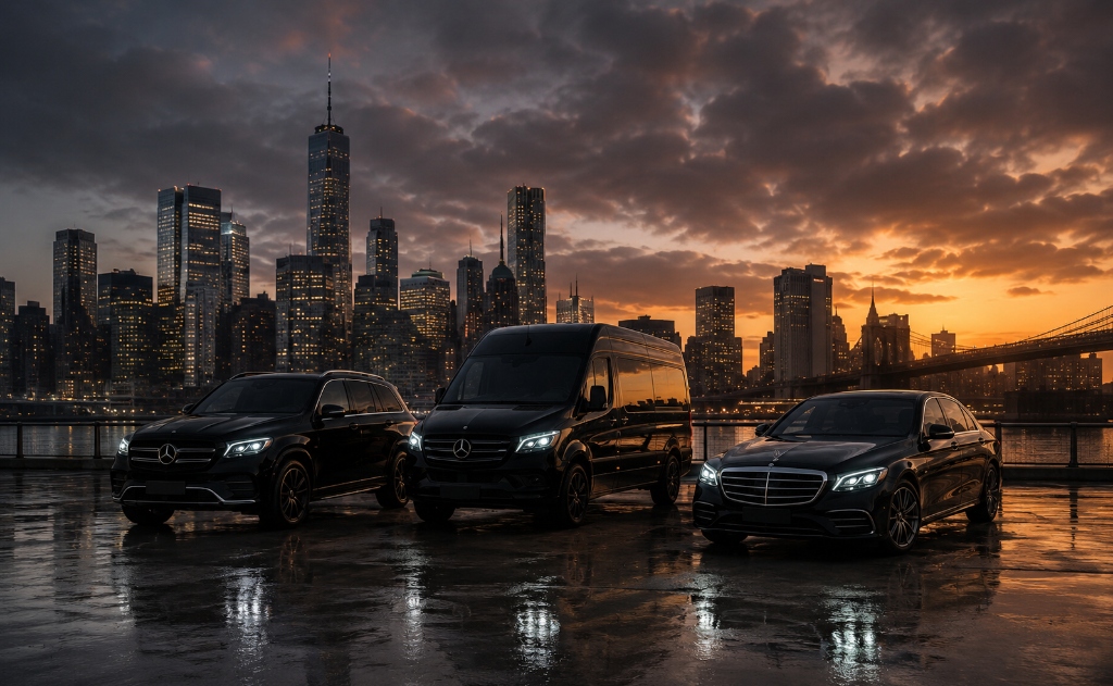 The Corp Cruise Premium Chauffeur Fleet with New York City Sunset Skyline